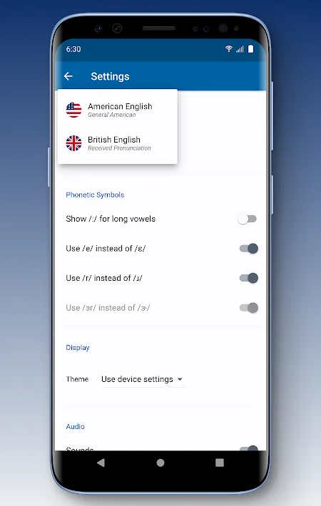 Phonic settings with a menu to choose American English or British English, and phonetic symbol options